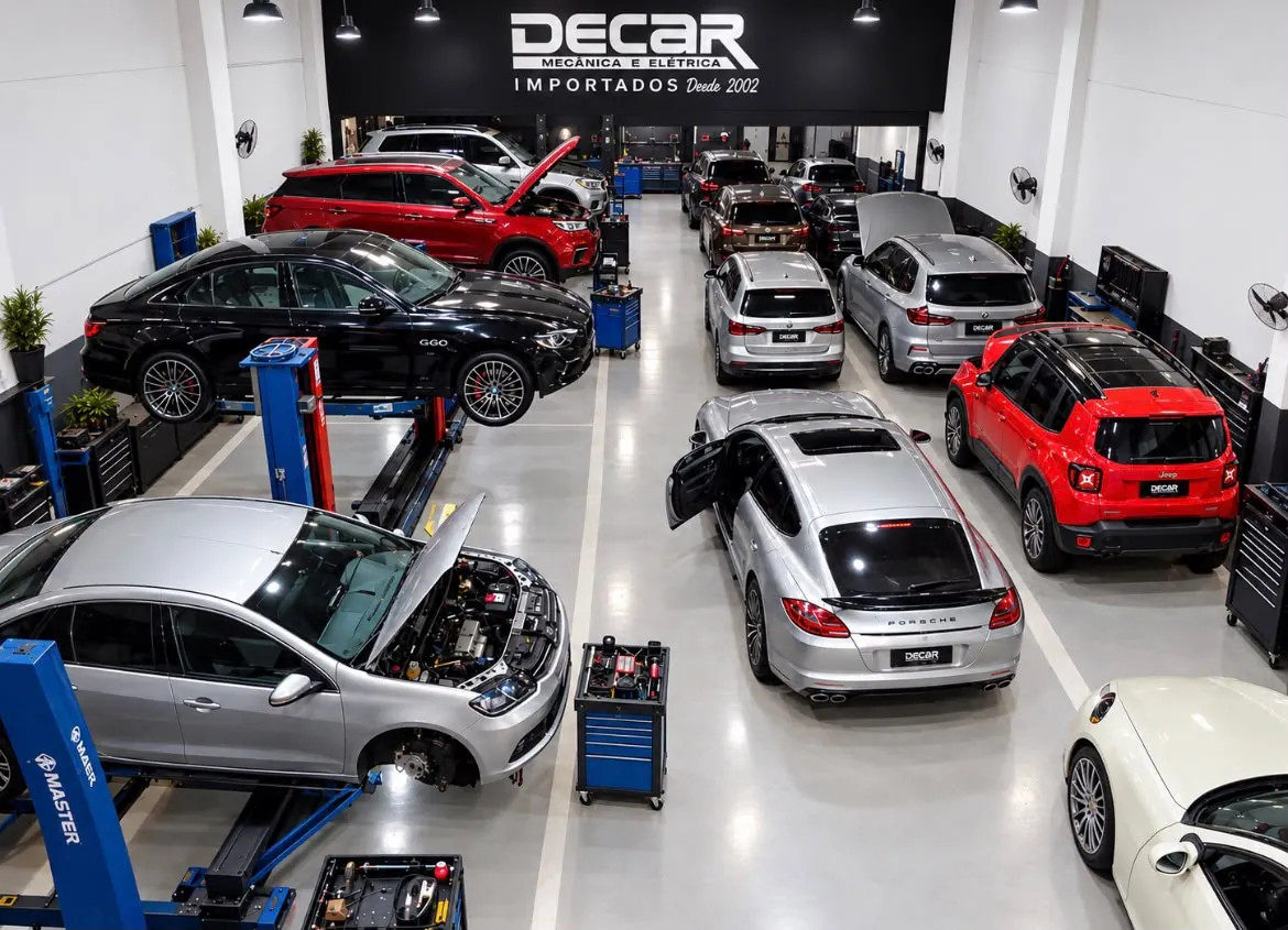 Oficina da Decar vista de cima, com carros premium